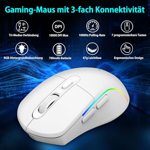 E-Yooso Gaming Maus Kabellose RGB,2.4G/USB-C/Bluetooth Maus mit 6 Programmierbare Tasten/10000DPI/7 RGB Beleuchtung,Wireless Ergonomische Maus für PC/Mac Gamer Bild 2