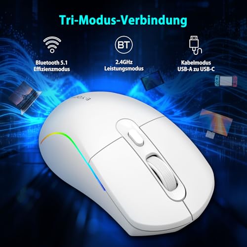 E-Yooso Gaming Maus Kabellose RGB,2.4G/USB-C/Bluetooth Maus mit 6 Programmierbare Tasten/10000DPI/7 RGB Beleuchtung,Wireless Ergonomische Maus für PC/Mac Gamer Bild 3
