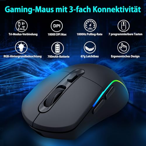 E-Yooso Gaming Maus Kabellose RGB,2.4G/USB-C/Bluetooth Maus mit 8 Programmierbare Tasten/10000DPI/7 RGB Beleuchtung,Wireless Ergonomische Maus für PC/Mac Gamer Bild 2