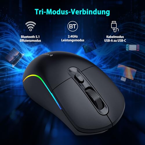 E-Yooso Gaming Maus Kabellose RGB,2.4G/USB-C/Bluetooth Maus mit 8 Programmierbare Tasten/10000DPI/7 RGB Beleuchtung,Wireless Ergonomische Maus für PC/Mac Gamer Bild 3