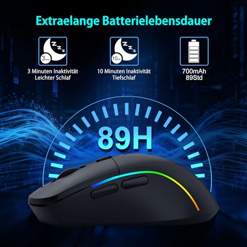 E-Yooso Gaming Maus Kabellose RGB,2.4G/USB-C/Bluetooth Maus mit 8 Programmierbare Tasten/10000DPI/7 RGB Beleuchtung,Wireless Ergonomische Maus für PC/Mac Gamer Bild 6