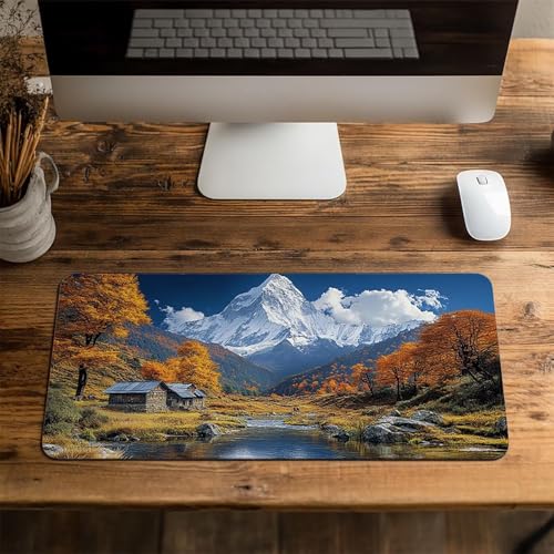 Mauspad Berg Gaming Mauspad XXL 1000 x 400 x 3mm Wasserfest Schreibtischunterlage Schneeberg Genähte Kanten Antirutsch Gummibasis, Mauspad Gaming für Laptop Maus Herbstdeko Home Decoration FSBD-0211 Bild 4