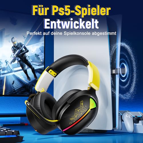 Gaming Headset Wireless, Headset mit Mikrofon für ps5 ps4, PC, Switch, Bluetooth 5.3, 7.1 Surround Sound, Extrem niedrige Latenz(<25ms), 40 Stunden, RGB Lichter, Schwarz Bild 2
