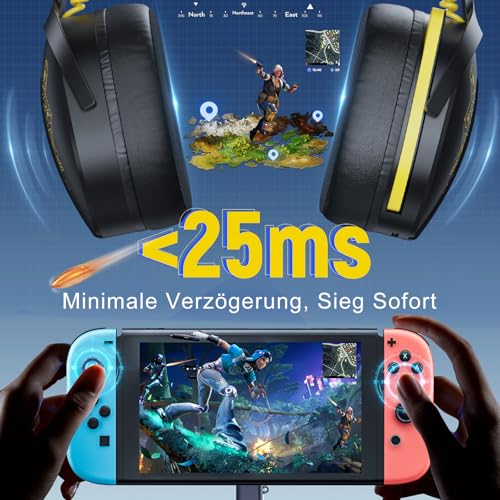 Gaming Headset Wireless, Headset mit Mikrofon für ps5 ps4, PC, Switch, Bluetooth 5.3, 7.1 Surround Sound, Extrem niedrige Latenz(<25ms), 40 Stunden, RGB Lichter, Schwarz Bild 4