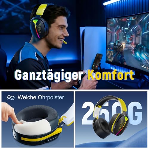 Gaming Headset Wireless, Headset mit Mikrofon für ps5 ps4, PC, Switch, Bluetooth 5.3, 7.1 Surround Sound, Extrem niedrige Latenz(<25ms), 40 Stunden, RGB Lichter, Schwarz Bild 5