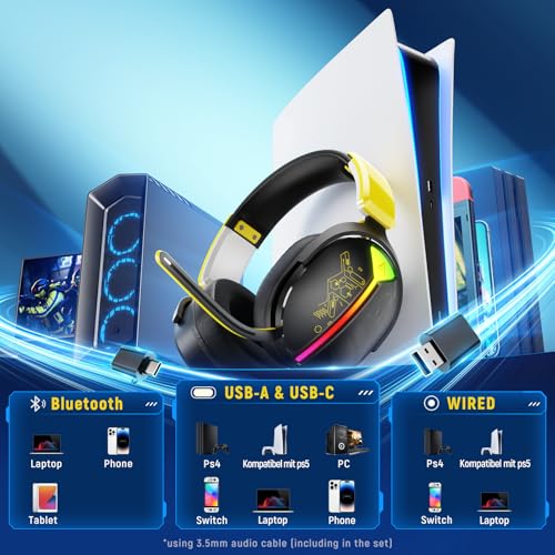 Gaming Headset Wireless, Headset mit Mikrofon für ps5 ps4, PC, Switch, Bluetooth 5.3, 7.1 Surround Sound, Extrem niedrige Latenz(<25ms), 40 Stunden, RGB Lichter, Schwarz Bild 7