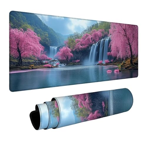 Mauspad Wasserfall Gaming Mauspad XXL 1000 x 400 x 3 mm Wasserfest Schreibtischunterlage Kirschblüten Genähte Kanten Antirutsch Gummibasis, Mauspad Gaming für Laptop Maus Home Decoration FSBD-0737 Bild 1