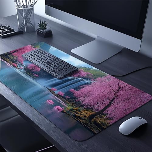Mauspad Wasserfall Gaming Mauspad XXL 1000 x 400 x 3 mm Wasserfest Schreibtischunterlage Kirschblüten Genähte Kanten Antirutsch Gummibasis, Mauspad Gaming für Laptop Maus Home Decoration FSBD-0737 Bild 2