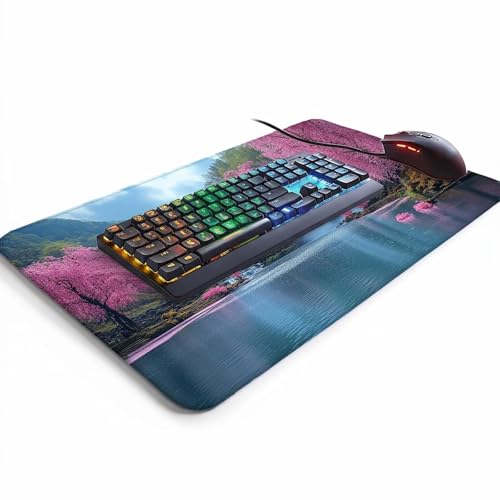 Mauspad Wasserfall Gaming Mauspad XXL 1000 x 400 x 3 mm Wasserfest Schreibtischunterlage Kirschblüten Genähte Kanten Antirutsch Gummibasis, Mauspad Gaming für Laptop Maus Home Decoration FSBD-0737 Bild 3
