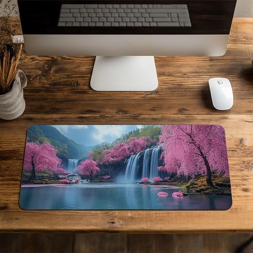 Mauspad Wasserfall Gaming Mauspad XXL 1000 x 400 x 3 mm Wasserfest Schreibtischunterlage Kirschblüten Genähte Kanten Antirutsch Gummibasis, Mauspad Gaming für Laptop Maus Home Decoration FSBD-0737 Bild 4