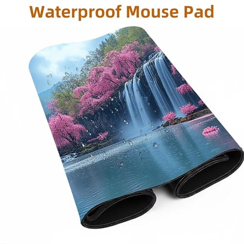 Mauspad Wasserfall Gaming Mauspad XXL 1000 x 400 x 3 mm Wasserfest Schreibtischunterlage Kirschblüten Genähte Kanten Antirutsch Gummibasis, Mauspad Gaming für Laptop Maus Home Decoration FSBD-0737 Bild 5