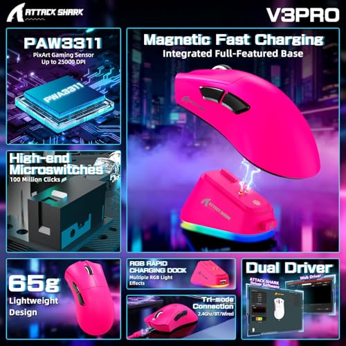 ATTACK SHARK V3PRO Kabellose Gaming-Maus mit Magnet-Ladedock, PixArt PAW3311 Sensor, bis 25000 DPI, BT/2.4Ghz/Kabel, 100M Klicks, 500mAh, 65g Ultraleicht für Win11/Xbox/PS/Mac -Brombeerrot Bild 2