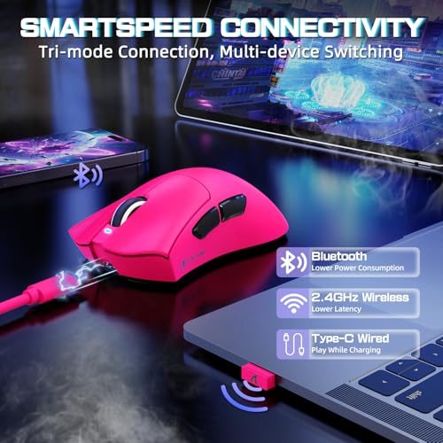 ATTACK SHARK V3PRO Kabellose Gaming-Maus mit Magnet-Ladedock, PixArt PAW3311 Sensor, bis 25000 DPI, BT/2.4Ghz/Kabel, 100M Klicks, 500mAh, 65g Ultraleicht für Win11/Xbox/PS/Mac -Brombeerrot Bild 6