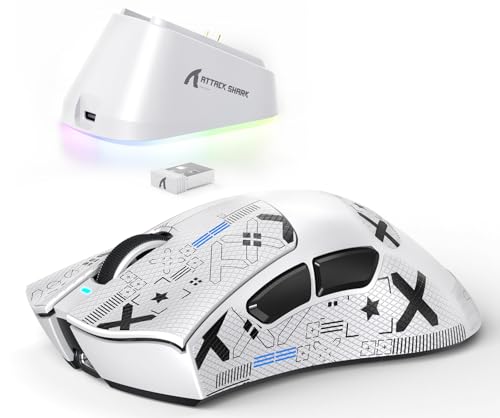 ATTACK SHARK V3PRO Kabellose Gaming-Maus mit Magnet-Ladedock, PixArt PAW3311 Sensor, bis 25000 DPI, BT/2.4Ghz/Kabel, 100M Klicks, 500mAh, 65g Ultraleicht für PC/Xbox/PS/Mac -Weiß & Band Bild 1