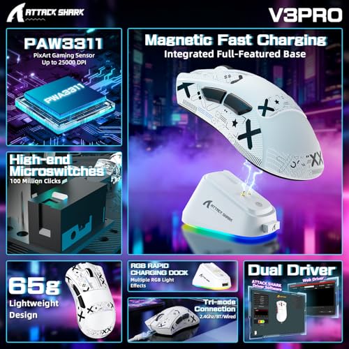 ATTACK SHARK V3PRO Kabellose Gaming-Maus mit Magnet-Ladedock, PixArt PAW3311 Sensor, bis 25000 DPI, BT/2.4Ghz/Kabel, 100M Klicks, 500mAh, 65g Ultraleicht für PC/Xbox/PS/Mac -Weiß & Band Bild 2
