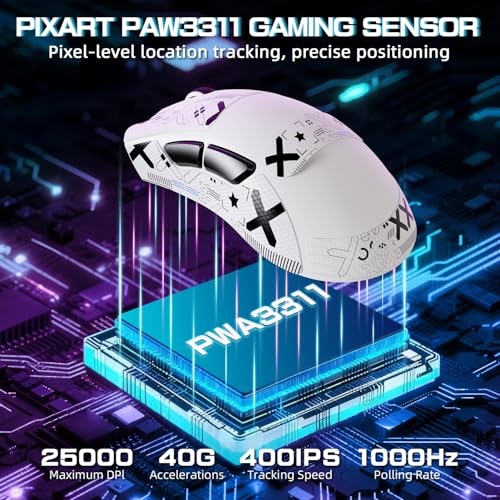 ATTACK SHARK V3PRO Kabellose Gaming-Maus mit Magnet-Ladedock, PixArt PAW3311 Sensor, bis 25000 DPI, BT/2.4Ghz/Kabel, 100M Klicks, 500mAh, 65g Ultraleicht für PC/Xbox/PS/Mac -Weiß & Band Bild 4