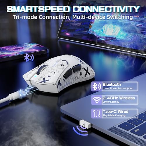 ATTACK SHARK V3PRO Kabellose Gaming-Maus mit Magnet-Ladedock, PixArt PAW3311 Sensor, bis 25000 DPI, BT/2.4Ghz/Kabel, 100M Klicks, 500mAh, 65g Ultraleicht für PC/Xbox/PS/Mac -Weiß & Band Bild 6
