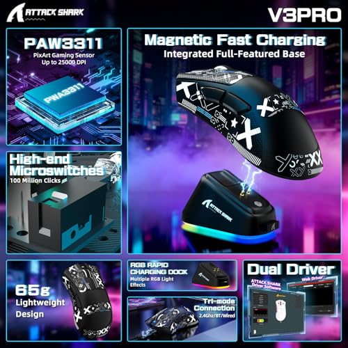 ATTACK SHARK V3PRO Kabellose Gaming-Maus mit Magnet-Ladedock, PixArt PAW3311 Sensor, bis 25000 DPI, BT/2.4Ghz/Kabel, 100M Klicks, 500mAh, 65g Ultraleicht für PC/Xbox/PS/Mac -Schwarz & Band Bild 2