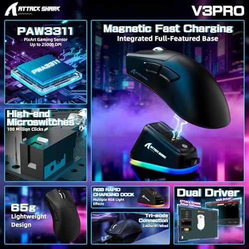 ATTACK SHARK V3PRO Kabellose Gaming-Maus mit Magnet-Ladedock, PixArt PAW3311 Sensor, bis 25000 DPI, BT/2.4Ghz/Kabel, 100M Klicks, 500mAh, 65g Ultraleicht für Win11/Xbox/PS/Mac -Schwarz Bild 2