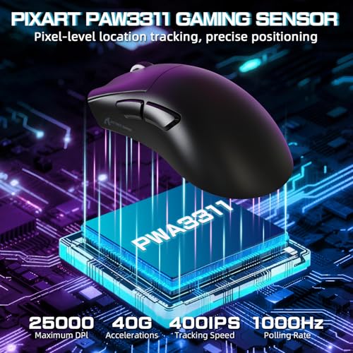 ATTACK SHARK V3PRO Kabellose Gaming-Maus mit Magnet-Ladedock, PixArt PAW3311 Sensor, bis 25000 DPI, BT/2.4Ghz/Kabel, 100M Klicks, 500mAh, 65g Ultraleicht für Win11/Xbox/PS/Mac -Schwarz Bild 4