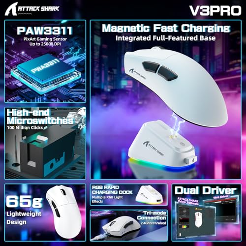 ATTACK SHARK V3PRO Kabellose Gaming-Maus mit Magnet-Ladedock, PixArt PAW3311 Sensor, bis 25000 DPI, BT/2.4Ghz/Kabel, 100M Klicks, 500mAh, 65g Ultraleicht für Win11/Xbox/PS/Mac -Weiß Bild 2