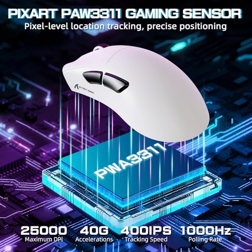 ATTACK SHARK V3PRO Kabellose Gaming-Maus mit Magnet-Ladedock, PixArt PAW3311 Sensor, bis 25000 DPI, BT/2.4Ghz/Kabel, 100M Klicks, 500mAh, 65g Ultraleicht für Win11/Xbox/PS/Mac -Weiß Bild 4