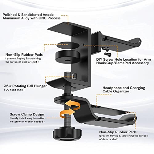 Headset-Halterung for PC-Gaming-Kopfhörer, Doppel-Headset-Hakenhalterung mit Verstellbarer und drehbarer Armklemme, Kopfhörerhalterung for unter den Schreibtisch Bild 3