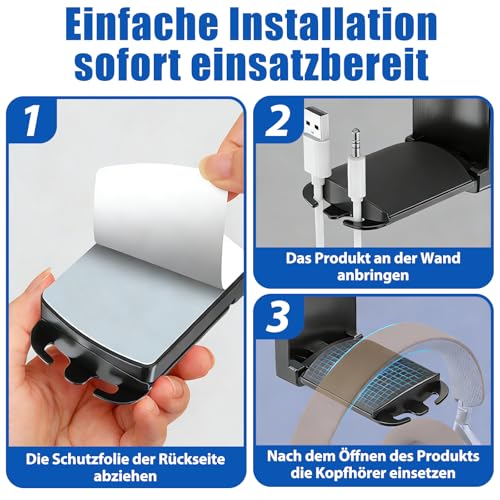2 Stück Headset Halterung Faltbare,Headset ständer kopfhörer Halterung mit Starkem Klebeband und Silikon Pad Selbstklebend kopfhörerhalter für Airpods Max, Gaming Zubehör(Schwarz) Bild 5