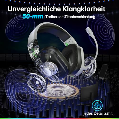 Fachixy FC-300 Gaming Headset mit Mikrofon, 2,4G Wireless Headset für PS5, PS4, PC, Switch, Mac, Surround Sound Faltbarer Bluetooth Gaming Kopfhörer kabellos mit LED Licht, Über 50H+ Akkulaufzeit Bild 2