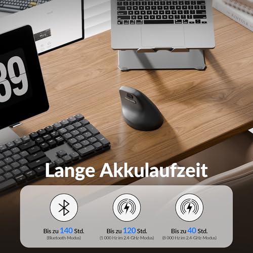Keychron M5 8K ergonomische Vertikal-Gaming-Maus, 30 000 DPI, 750 IPS, 2,4 GHz/Bluetooth 5,3 / USB-C, 600-mAh-Akku, programmierbar, 8000 Hz kabellos Gaming-Maus für Windows, macOS, iPadOS – Schwarz Bild 3