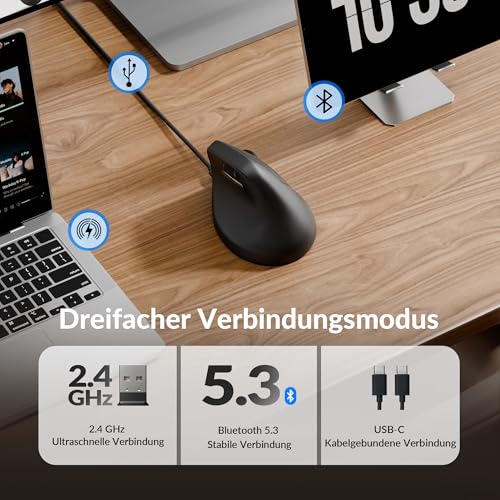 Keychron M5 8K ergonomische Vertikal-Gaming-Maus, 30 000 DPI, 750 IPS, 2,4 GHz/Bluetooth 5,3 / USB-C, 600-mAh-Akku, programmierbar, 8000 Hz kabellos Gaming-Maus für Windows, macOS, iPadOS – Schwarz Bild 4