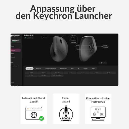 Keychron M5 8K ergonomische Vertikal-Gaming-Maus, 30 000 DPI, 750 IPS, 2,4 GHz/Bluetooth 5,3 / USB-C, 600-mAh-Akku, programmierbar, 8000 Hz kabellos Gaming-Maus für Windows, macOS, iPadOS – Schwarz Bild 6