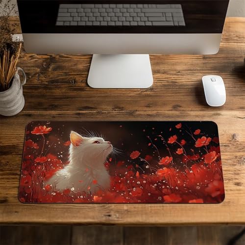 Mauspad Katze Gaming Mauspad XXL 100x40x0.3cm Wasserfest Schreibtischunterlage Tier Genähte Kanten Antirutsch Gummibasis, Mauspad Gaming für Laptop Tastatur Maus Herbstdeko Home Decoration FSBD-4592 Bild 4