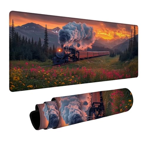 Mauspad Zug Gaming Mauspad XXL 1000 x 400 x 3mm Wasserfest Schreibtischunterlage Landschaft Genähte Kanten Antirutsch Gummibasis, Mauspad Gaming für Laptop Maus Herbstdeko Home Decoration FSBD-4727 Bild 1