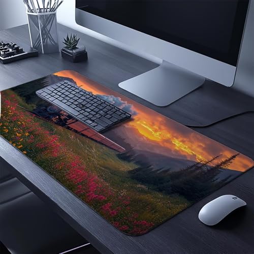 Mauspad Zug Gaming Mauspad XXL 1000 x 400 x 3mm Wasserfest Schreibtischunterlage Landschaft Genähte Kanten Antirutsch Gummibasis, Mauspad Gaming für Laptop Maus Herbstdeko Home Decoration FSBD-4727 Bild 2