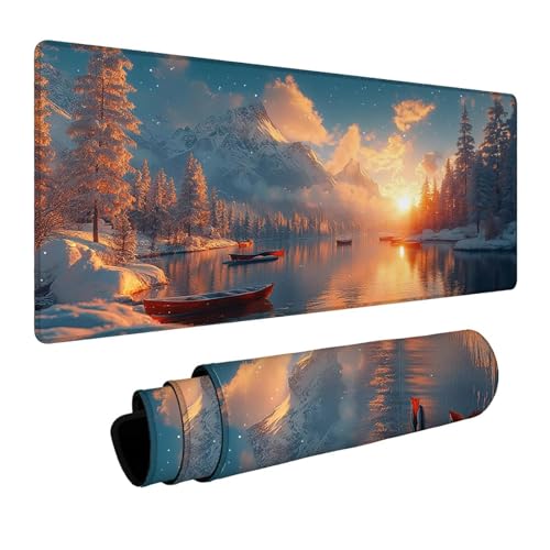Mauspad Winter Gaming Mauspad XXL 1400x600x3mm Wasserfest Schreibtischunterlage Boot Genähte Kanten Antirutsch Gummibasis, Mauspad Gaming für Laptop Tastatur Maus Herbstdeko Home Decoration FSBD-4438 Bild 1