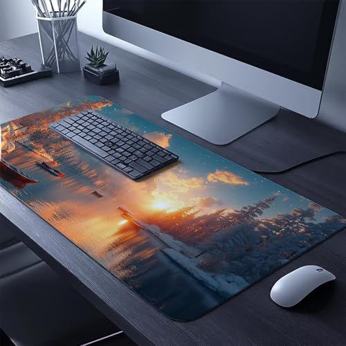 Mauspad Winter Gaming Mauspad XXL 1400x600x3mm Wasserfest Schreibtischunterlage Boot Genähte Kanten Antirutsch Gummibasis, Mauspad Gaming für Laptop Tastatur Maus Herbstdeko Home Decoration FSBD-4438 Bild 2