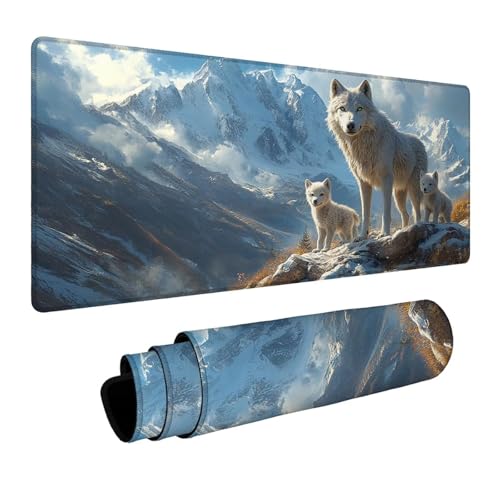Mauspad Wolf Gaming Mauspad XXL 1000 x 400 x 3mm Wasserfest Schreibtischunterlage Schneeberg Genähte Kanten Antirutsch Gummibasis, Mauspad Gaming für Laptop Maus Herbstdeko Home Decoration FSBD-5828 Bild 1