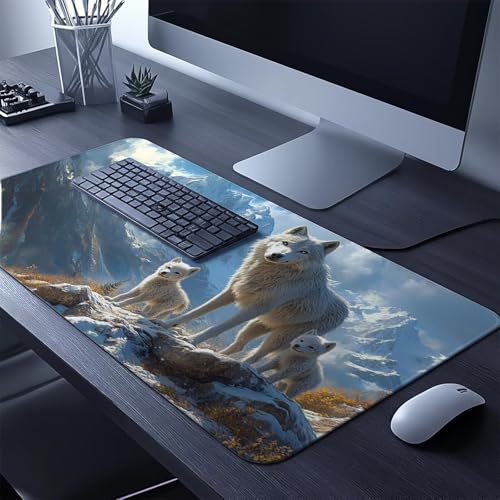 Mauspad Wolf Gaming Mauspad XXL 1000 x 400 x 3mm Wasserfest Schreibtischunterlage Schneeberg Genähte Kanten Antirutsch Gummibasis, Mauspad Gaming für Laptop Maus Herbstdeko Home Decoration FSBD-5828 Bild 2
