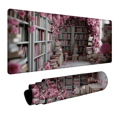 Mauspad Bücherregal Gaming Mauspad XXL 1000x400x3 mm Wasserfest Schreibtischunterlage Blume Genähte Kanten Antirutsch Gummibasis, Mauspad Gaming für Laptop Maus Herbstdeko Home Decoration FSBD-8426 Bild 1