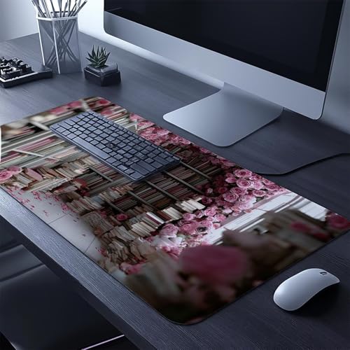 Mauspad Bücherregal Gaming Mauspad XXL 1000x400x3 mm Wasserfest Schreibtischunterlage Blume Genähte Kanten Antirutsch Gummibasis, Mauspad Gaming für Laptop Maus Herbstdeko Home Decoration FSBD-8426 Bild 2