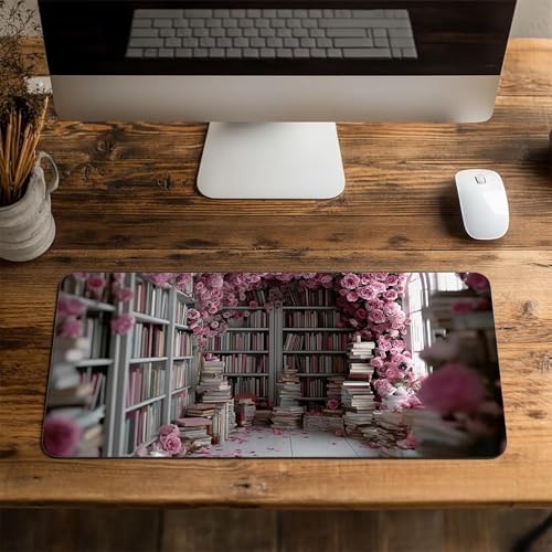 Mauspad Bücherregal Gaming Mauspad XXL 1000x400x3 mm Wasserfest Schreibtischunterlage Blume Genähte Kanten Antirutsch Gummibasis, Mauspad Gaming für Laptop Maus Herbstdeko Home Decoration FSBD-8426 Bild 4
