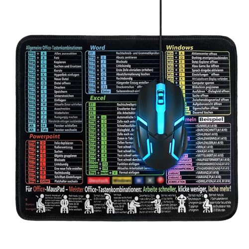 Mauspad 300 x 250 x 2 mm, Mauspad Klein für Excel Word PPT Windows Shortcuts, Excel Schreibtischunterlage Deutsch Wasserdicht und rutschfest, Schwarz Mousepad Deutsch für Büro Zuhause Gaming Studium Bild 1