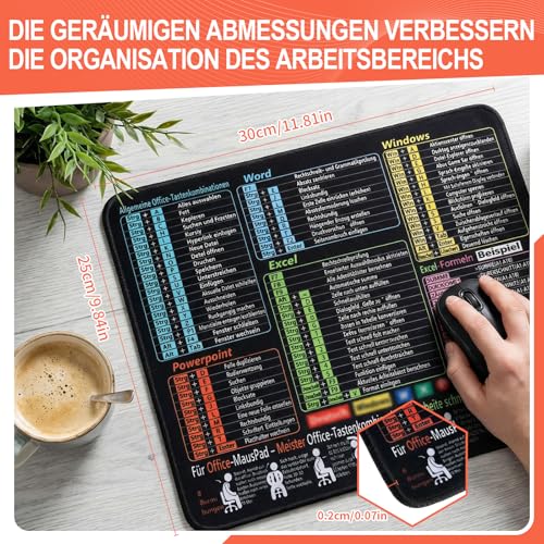 Mauspad 300 x 250 x 2 mm, Mauspad Klein für Excel Word PPT Windows Shortcuts, Excel Schreibtischunterlage Deutsch Wasserdicht und rutschfest, Schwarz Mousepad Deutsch für Büro Zuhause Gaming Studium Bild 2