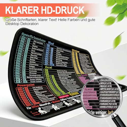 Mauspad 300 x 250 x 2 mm, Mauspad Klein für Excel Word PPT Windows Shortcuts, Excel Schreibtischunterlage Deutsch Wasserdicht und rutschfest, Schwarz Mousepad Deutsch für Büro Zuhause Gaming Studium Bild 3