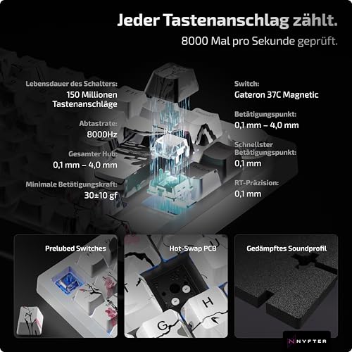Nyfter Nyfboard HE 84K – Wireless Magnetische Hall-Effekt Gaming-Tastatur mit Hall-Effect-Switches, 8K Hz, 0.1mm Auslösepunkt, RGB Beleuchtung, Hochwertige Verarbeitung,(DE‐Layout) (SakuraWeiß) Bild 2