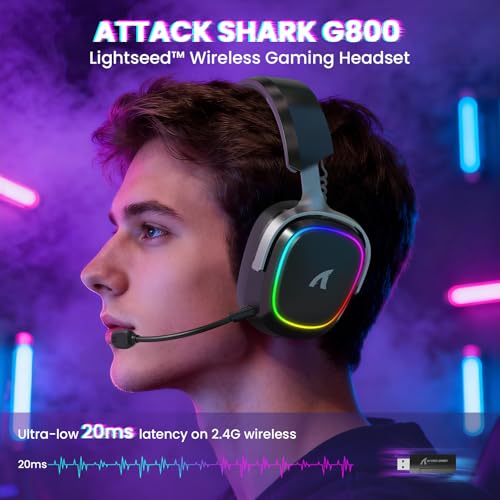 ATTACK SHARK G800 Kabelloses Gaming-Headset, 1000 mAh, Abnehmbares Mikrofon, Aluminiumlegierungsrahmen, 20 ms, 50 mm Treiber, 3 Modi (2.4G/BT/Kabelgebunden) für PC/PS/Phone (schwarz) Bild 2