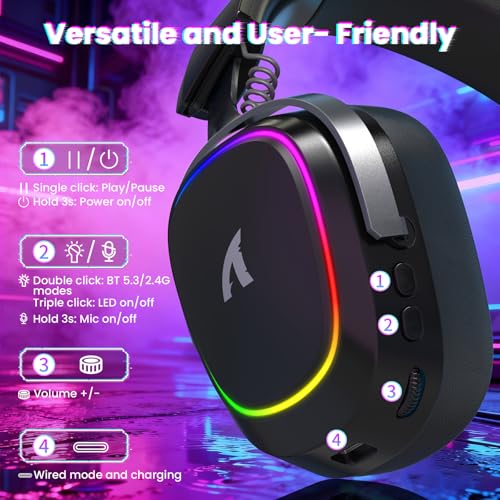 ATTACK SHARK G800 Kabelloses Gaming-Headset, 1000 mAh, Abnehmbares Mikrofon, Aluminiumlegierungsrahmen, 20 ms, 50 mm Treiber, 3 Modi (2.4G/BT/Kabelgebunden) für PC/PS/Phone (schwarz) Bild 5