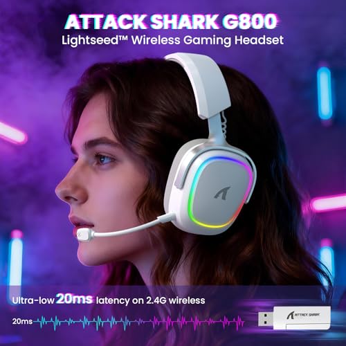 ATTACK SHARK G800 Kabelloses Gaming-Headset, Aluminiumrahmen, 7.1 Surround, Biegsames ENC-Mikrofon, Tri-Modus(2.4G/BT/3.5mm), 1000mAh, 50mm Treiber, RGB Für PC/Mac/PS/Xbox - Weiß Bild 2