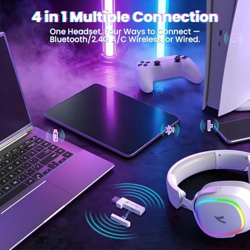 ATTACK SHARK G800 Kabelloses Gaming-Headset, Aluminiumrahmen, 7.1 Surround, Biegsames ENC-Mikrofon, Tri-Modus(2.4G/BT/3.5mm), 1000mAh, 50mm Treiber, RGB Für PC/Mac/PS/Xbox - Weiß Bild 4